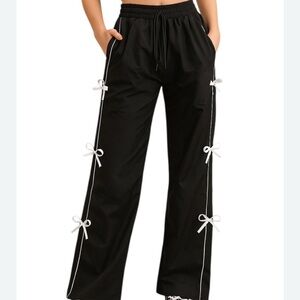 Black Wide-Leg Bow-Accent Pants